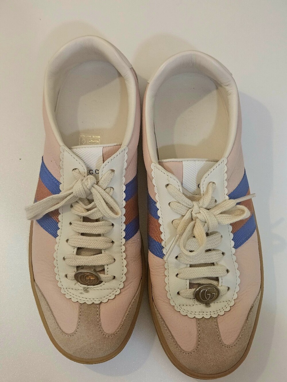 Gucci G74 Web Leather & Suede Pink Oatmeal Casual Sneakers Women Size 37 EU US 7